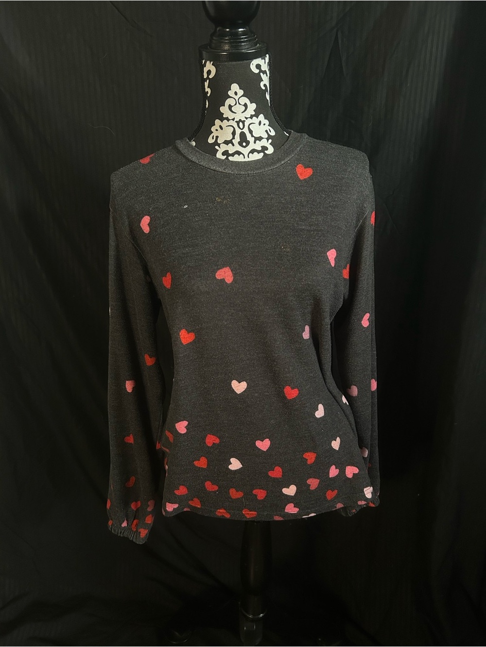 PJ Salvage Charcoal Sweater with Pink & Red Heart Print